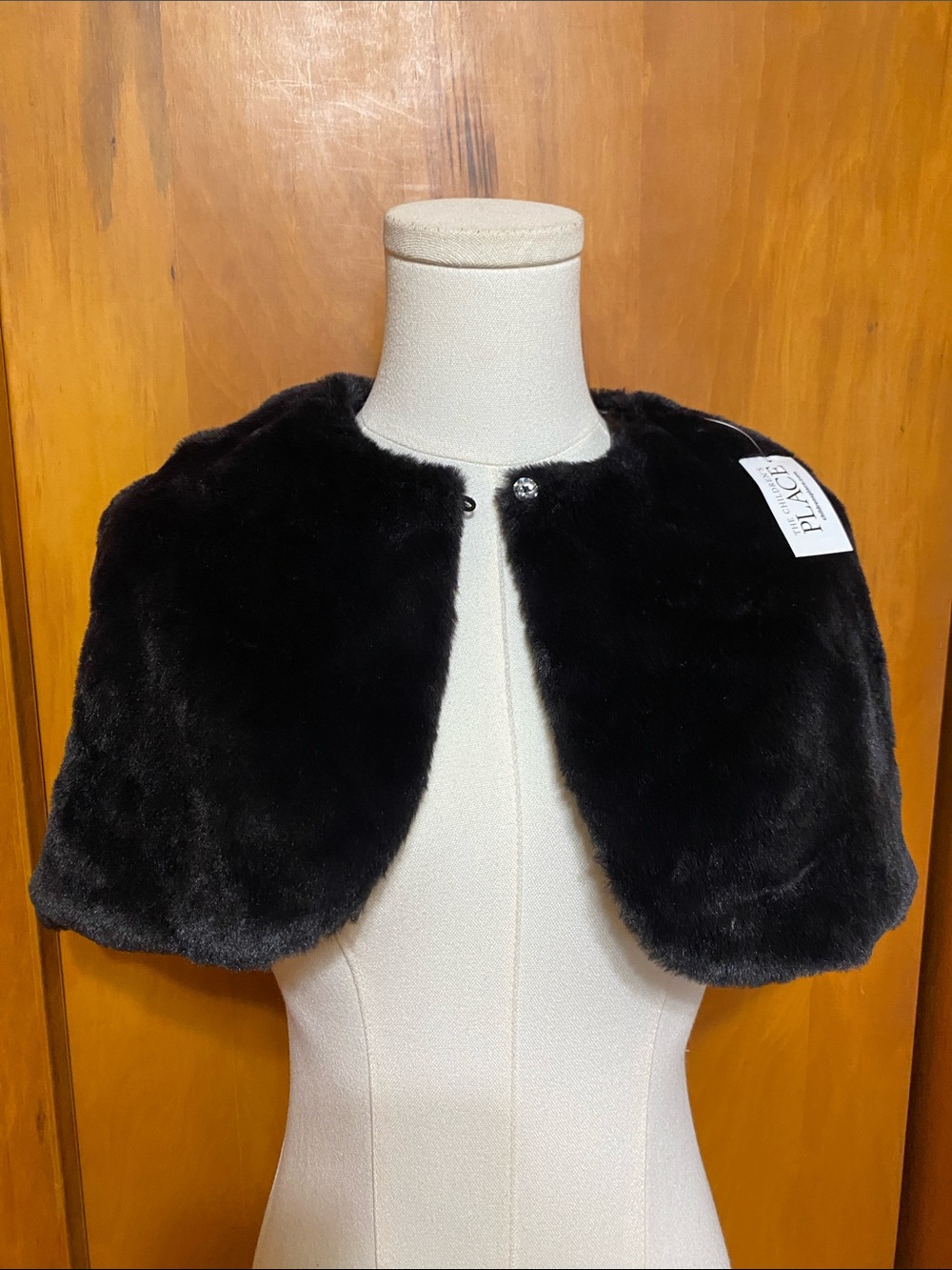 NWT The Children's Place Black Faux Fur Capelet Rhinestone Button Lined Holiday